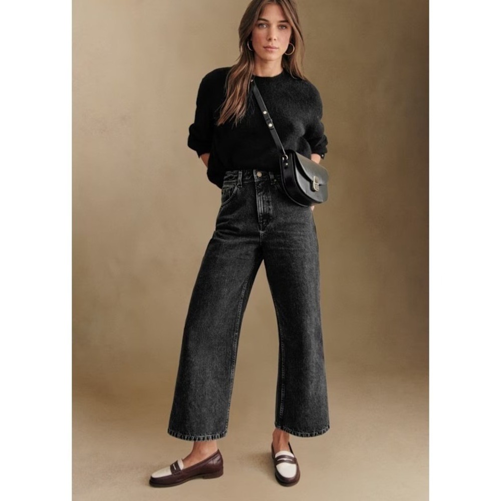 Sezane Le Crop High Rise Wide Leg Crop Jeans Middle Grey Wash‎ Womens 46 US 14
